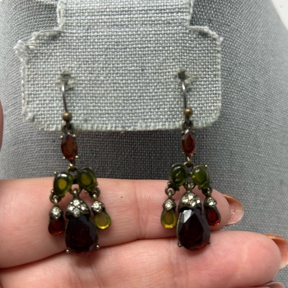 Liz Claiborne Red and Green Beaded Chandelier Style Dangle Earrings Rhinestones - Picture 7 of 8